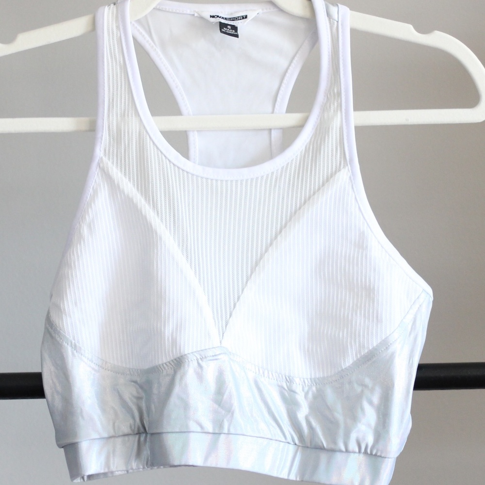 Fashion Nova Sport white and silver cut out sport bra holographic, size small